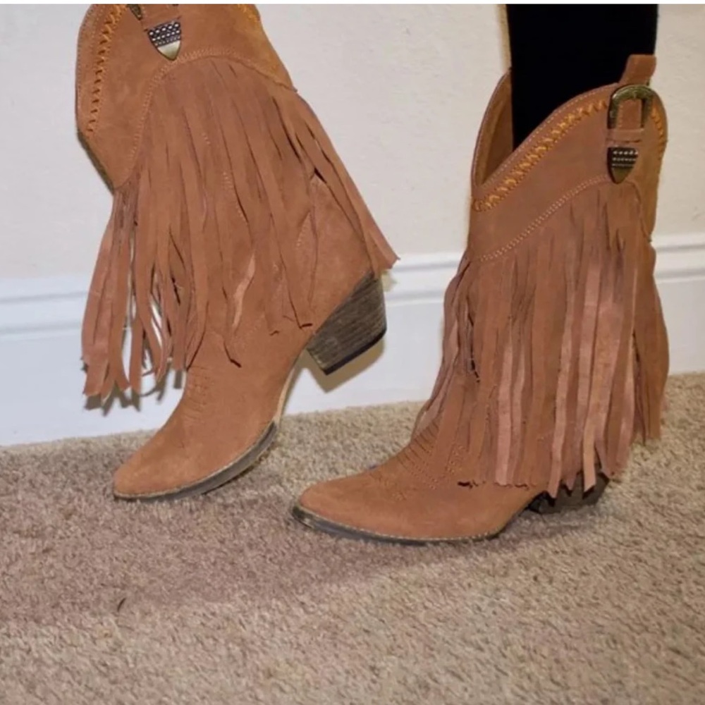 Very Volatile Tan Ankle Boots with Pointed Toe and Stacked Heel